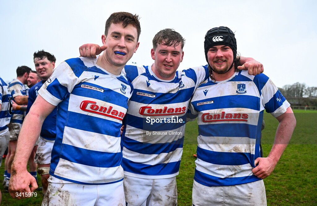 4 April 2026; Athy RFC players celebrate after their side's victory in the Bank of Ireland Provincial Towns Cup semi-final match between Athy RFC and Longford RFC at Cill Dara RFC in Silken Thomas Park in Kildare. Photo by Shauna Clinton/Sportsfile