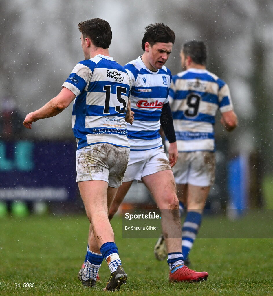4 April 2026; Athy RFC players celebrate after their side's victory in the Bank of Ireland Provincial Towns Cup semi-final match between Athy RFC and Longford RFC at Cill Dara RFC in Silken Thomas Park in Kildare. Photo by Shauna Clinton/Sportsfile