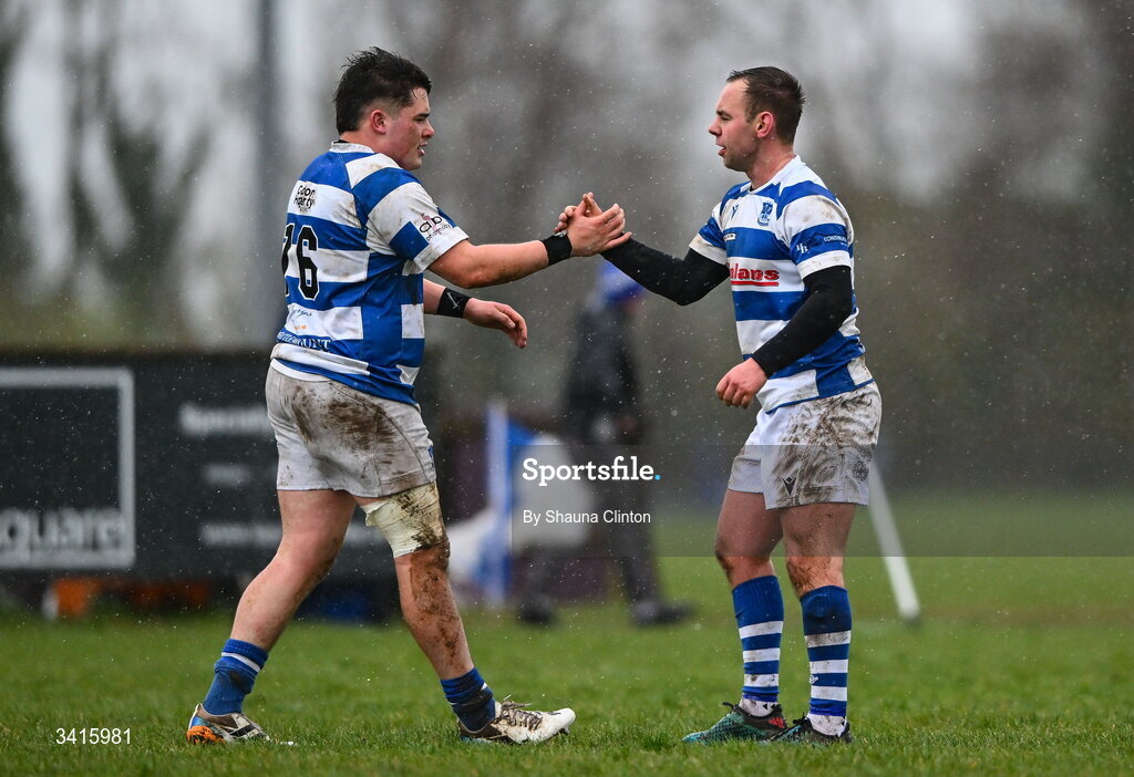 4 April 2026; Athy RFC players celebrate after their side's victory in the Bank of Ireland Provincial Towns Cup semi-final match between Athy RFC and Longford RFC at Cill Dara RFC in Silken Thomas Park in Kildare. Photo by Shauna Clinton/Sportsfile