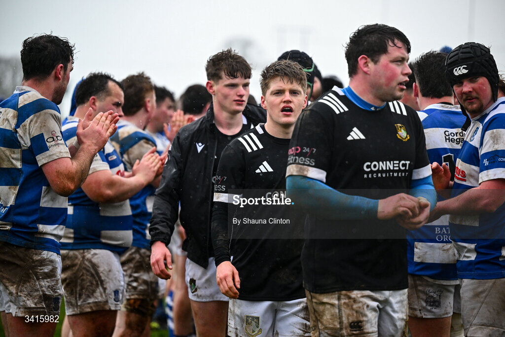 4 April 2026; Longford RFC players after their defeat in the Bank of Ireland Provincial Towns Cup semi-final match between Athy RFC and Longford RFC at Cill Dara RFC in Silken Thomas Park in Kildare. Photo by Shauna Clinton/Sportsfile