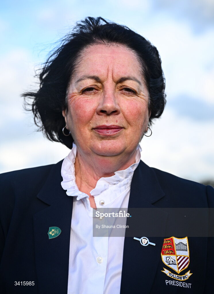 4 April 2026; Tullow RFC president Mary O'Neill ahead of the Bank of Ireland Provincial Towns Cup semi-final match between Naas RFC and Tullow RFC at County Carlow RFC in Oakpark, Carlow. Photo by Shauna Clinton/Sportsfile