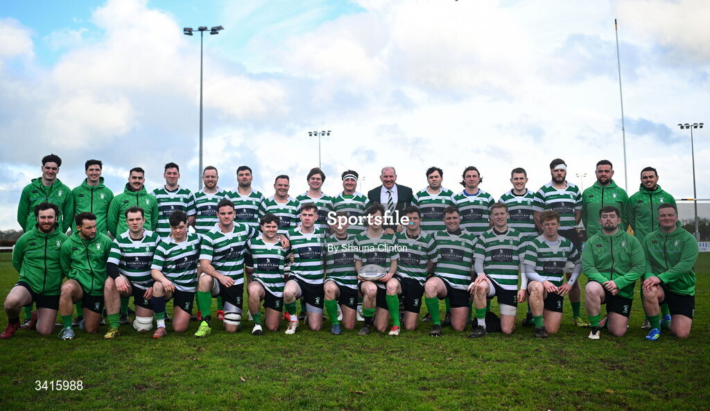 4 April 2026; Naas RFC president Ross Murphy joins the Naas RFC squad for a team photograph ahead of the Bank of Ireland Provincial Towns Cup semi-final match between Naas RFC and Tullow RFC at County Carlow RFC in Oakpark, Carlow. Photo by Shauna Clinton/Sportsfile