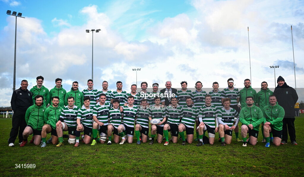4 April 2026; Naas RFC president Ross Murphy joins the Naas RFC squad and coaching staff for a team photograph ahead of the Bank of Ireland Provincial Towns Cup semi-final match between Naas RFC and Tullow RFC at County Carlow RFC in Oakpark, Carlow. Photo by Shauna Clinton/Sportsfile