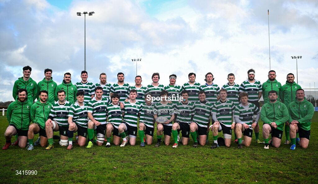 4 April 2026; Naas RFC squad pose for a team photograph ahead of the Bank of Ireland Provincial Towns Cup semi-final match between Naas RFC and Tullow RFC at County Carlow RFC in Oakpark, Carlow. Photo by Shauna Clinton/Sportsfile