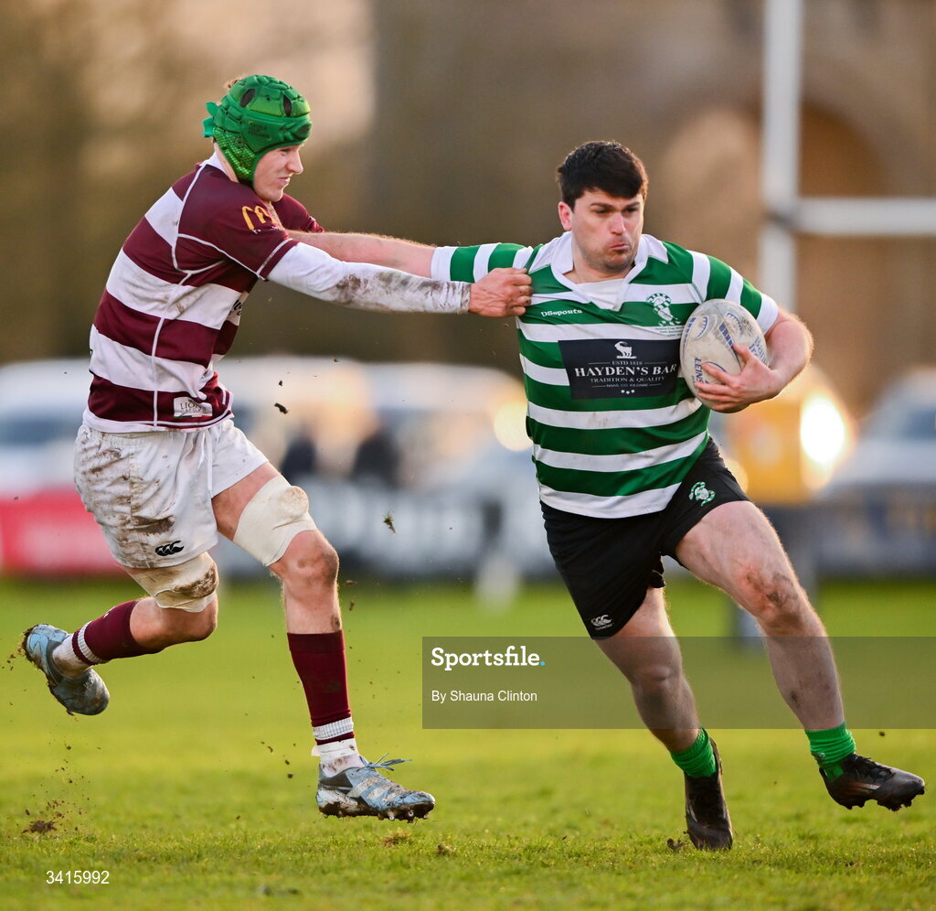 4 April 2026; David Butler of Naas RFC in action against Tom Hughes of Tullow RFC during the Bank of Ireland Provincial Towns Cup semi-final match between Naas RFC and Tullow RFC at County Carlow RFC in Oakpark, Carlow. Photo by Shauna Clinton/Sportsfile