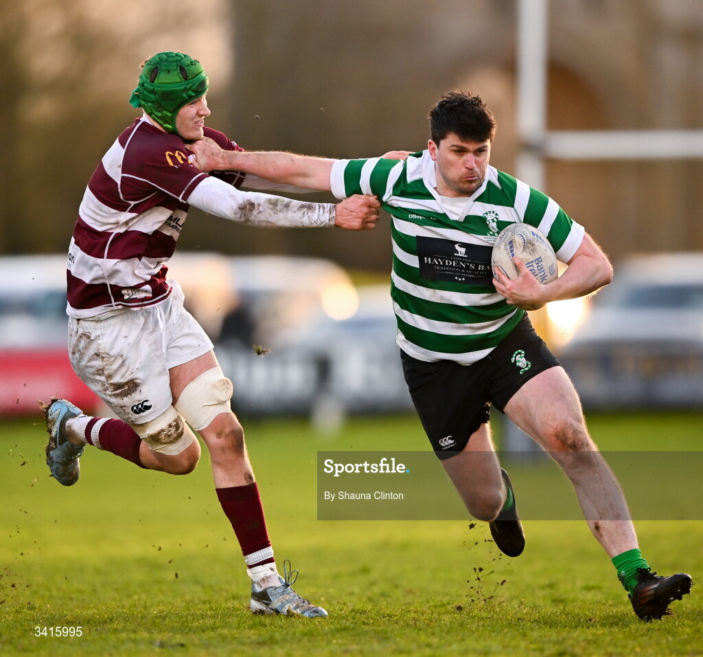 4 April 2026; David Butler of Naas RFC in action against Tom Hughes of Tullow RFC during the Bank of Ireland Provincial Towns Cup semi-final match between Naas RFC and Tullow RFC at County Carlow RFC in Oakpark, Carlow. Photo by Shauna Clinton/Sportsfile