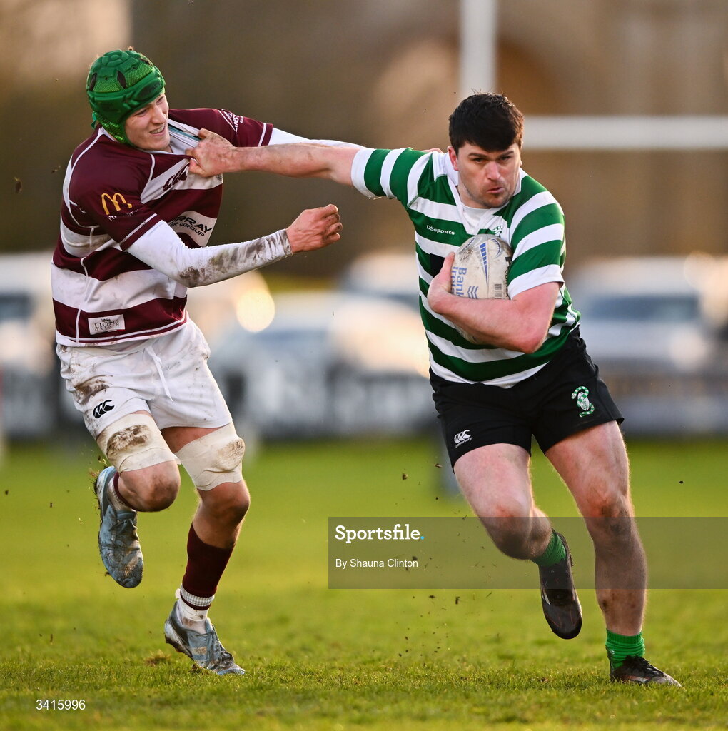 4 April 2026; David Butler of Naas RFC in action against Tom Hughes of Tullow RFC during the Bank of Ireland Provincial Towns Cup semi-final match between Naas RFC and Tullow RFC at County Carlow RFC in Oakpark, Carlow. Photo by Shauna Clinton/Sportsfile