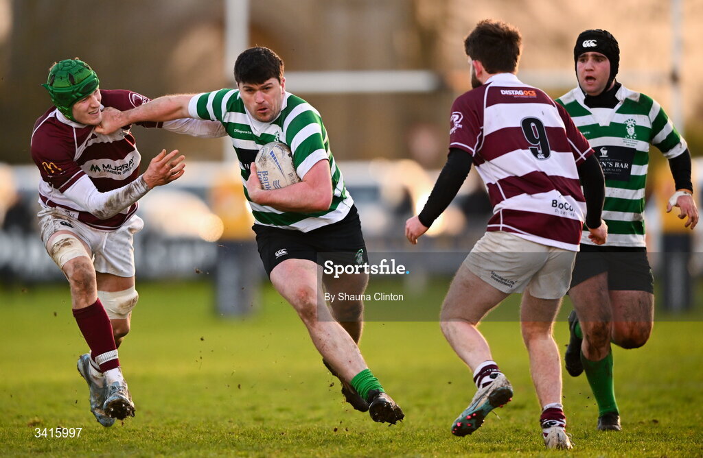 4 April 2026; David Butler of Naas RFC in action against Tom Hughes of Tullow RFC during the Bank of Ireland Provincial Towns Cup semi-final match between Naas RFC and Tullow RFC at County Carlow RFC in Oakpark, Carlow. Photo by Shauna Clinton/Sportsfile
