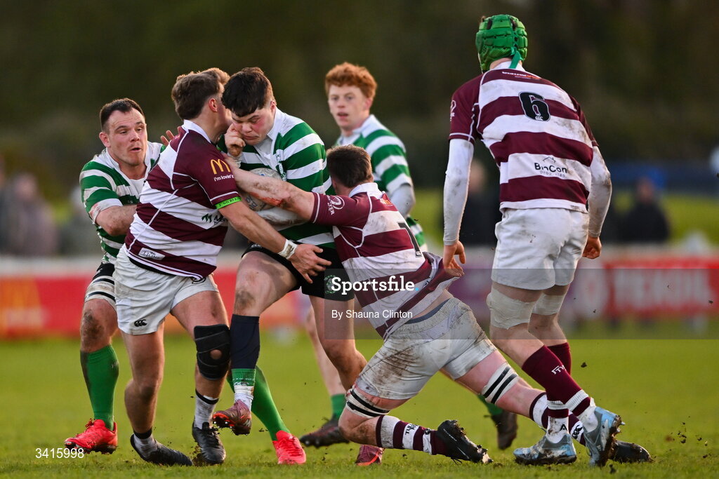 4 April 2026; David O'Sullivan of Naas RFC is tackled by Fiach O'Byrne of Tullow RFC during the Bank of Ireland Provincial Towns Cup semi-final match between Naas RFC and Tullow RFC at County Carlow RFC in Oakpark, Carlow. Photo by Shauna Clinton/Sportsfile