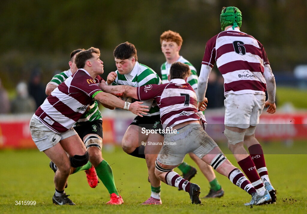 4 April 2026; David O'Sullivan of Naas RFC is tackled by Fiach O'Byrne of Tullow RFC during the Bank of Ireland Provincial Towns Cup semi-final match between Naas RFC and Tullow RFC at County Carlow RFC in Oakpark, Carlow. Photo by Shauna Clinton/Sportsfile