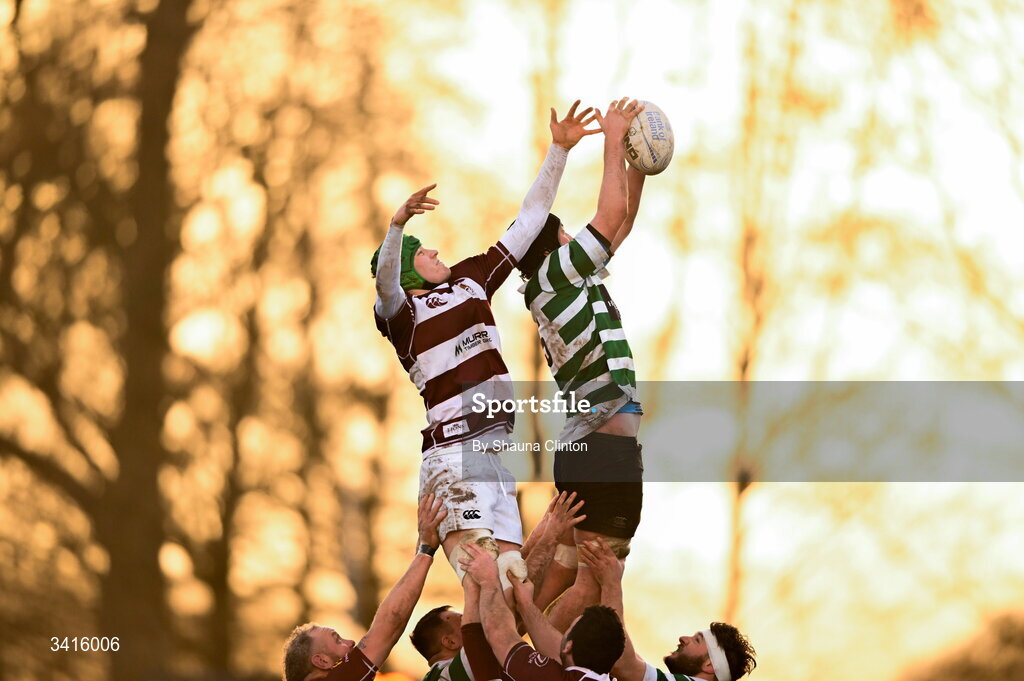 4 April 2026; Eoin Walsh of Naas RFC wins possession in the lineout against /Tom Hughes of Tullow RFC during the Bank of Ireland Provincial Towns Cup semi-final match between Naas RFC and Tullow RFC at County Carlow RFC in Oakpark, Carlow. Photo by Shauna Clinton/Sportsfile
