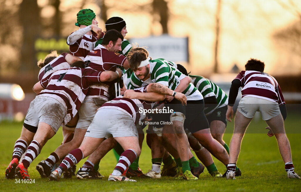 4 April 2026; A general view of a scrum during the Bank of Ireland Provincial Towns Cup semi-final match between Naas RFC and Tullow RFC at County Carlow RFC in Oakpark, Carlow. Photo by Shauna Clinton/Sportsfile