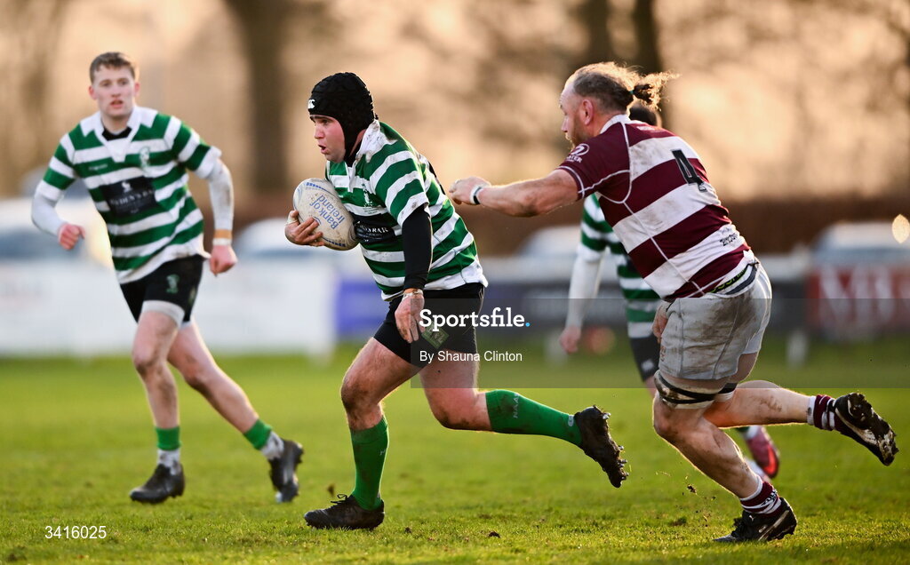 4 April 2026; Tadhg Dooley of Naas RFC makes a break during the Bank of Ireland Provincial Towns Cup semi-final match between Naas RFC and Tullow RFC at County Carlow RFC in Oakpark, Carlow. Photo by Shauna Clinton/Sportsfile