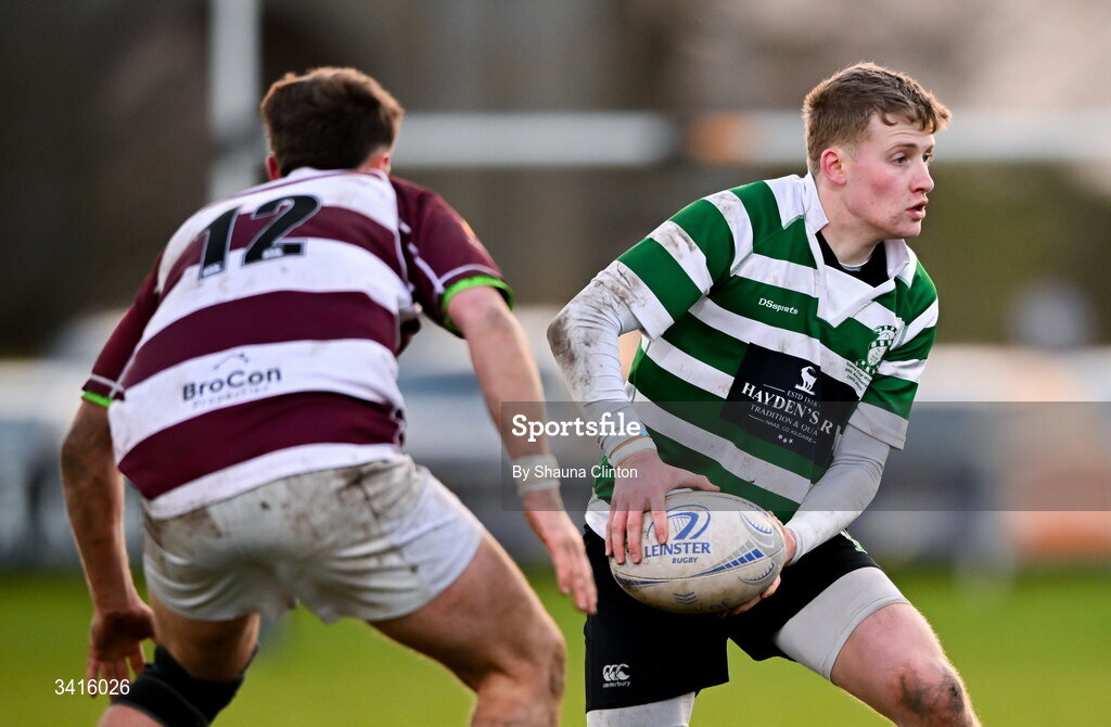 4 April 2026; Ethan Travers of Naas RFC in action against Ryan Curran of Tullow RFC during the Bank of Ireland Provincial Towns Cup semi-final match between Naas RFC and Tullow RFC at County Carlow RFC in Oakpark, Carlow. Photo by Shauna Clinton/Sportsfile