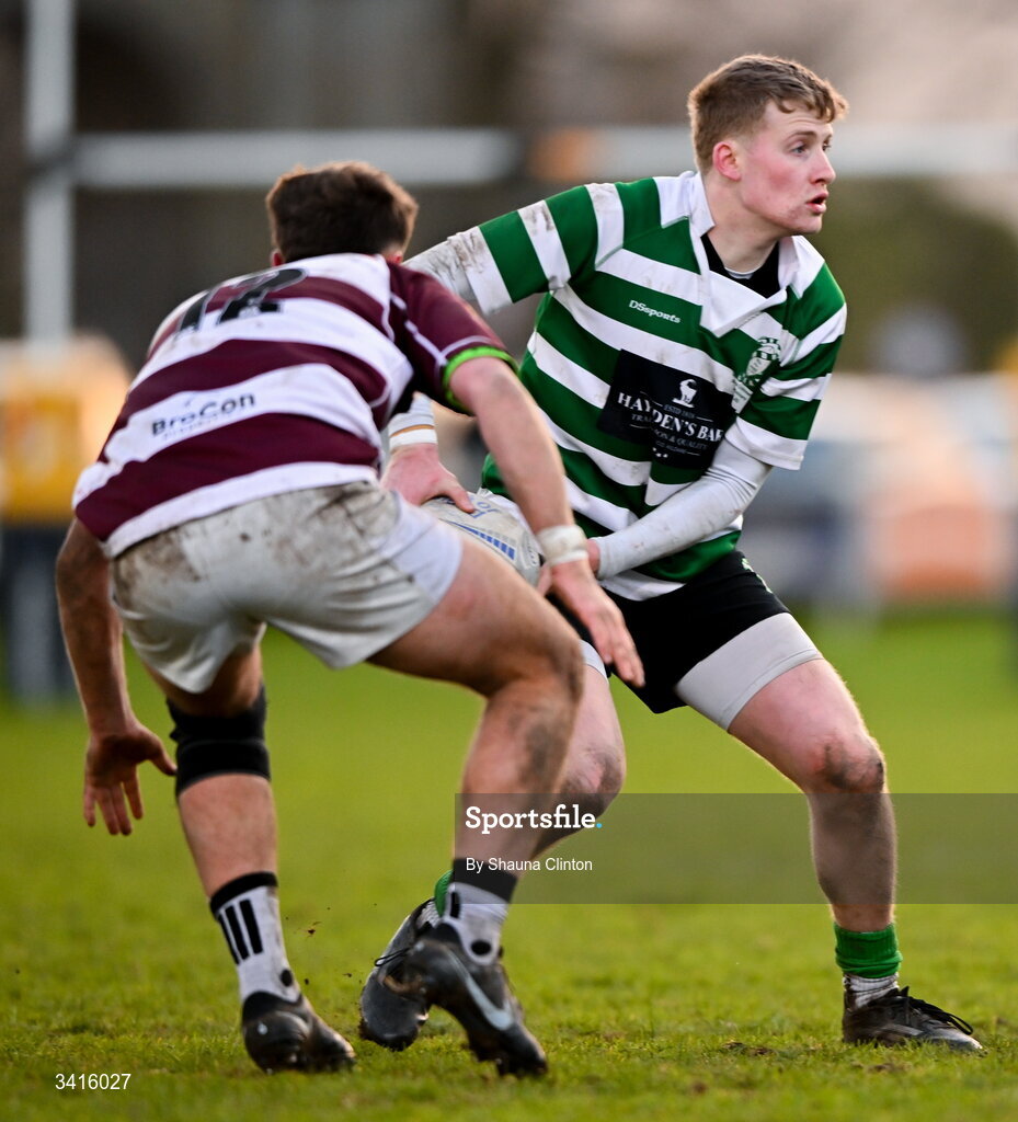 4 April 2026; Ethan Travers of Naas RFC in action against Ryan Curran of Tullow RFC during the Bank of Ireland Provincial Towns Cup semi-final match between Naas RFC and Tullow RFC at County Carlow RFC in Oakpark, Carlow. Photo by Shauna Clinton/Sportsfile