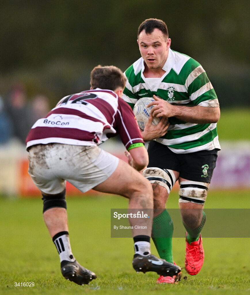4 April 2026; Jack Rogers of Naas RFC in action against Ryan Curran of Tullow RFC during the Bank of Ireland Provincial Towns Cup semi-final match between Naas RFC and Tullow RFC at County Carlow RFC in Oakpark, Carlow. Photo by Shauna Clinton/Sportsfile