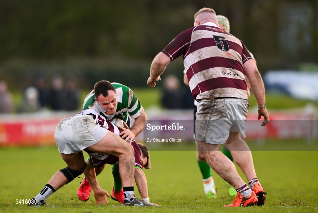 4 April 2026; Jack Rogers of Naas RFC in action against Ryan Curran of Tullow RFC during the Bank of Ireland Provincial Towns Cup semi-final match between Naas RFC and Tullow RFC at County Carlow RFC in Oakpark, Carlow. Photo by Shauna Clinton/Sportsfile