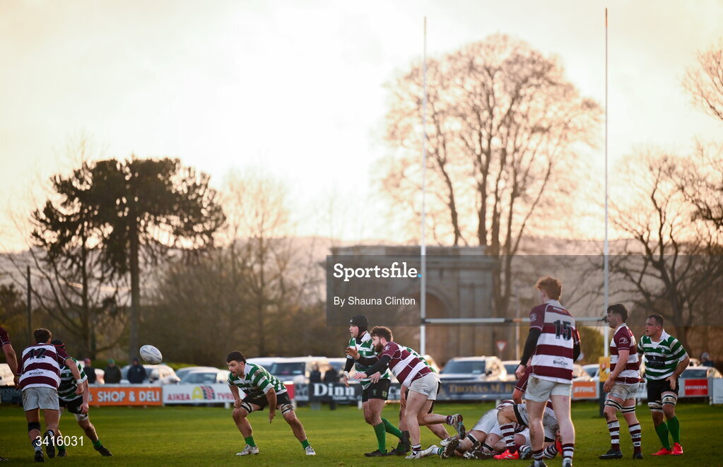 4 April 2026; A general view of action during the Bank of Ireland Provincial Towns Cup semi-final match between Naas RFC and Tullow RFC at County Carlow RFC in Oakpark, Carlow. Photo by Shauna Clinton/Sportsfile