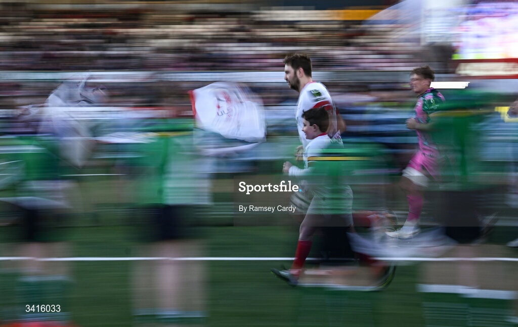 4 April 2026; Ulster captain Iain Henderson runs out before the EPCR Challenge Cup match between Ulster and Ospreys at Affidea Stadium in Belfast. Photo by Ramsey Cardy/Sportsfile