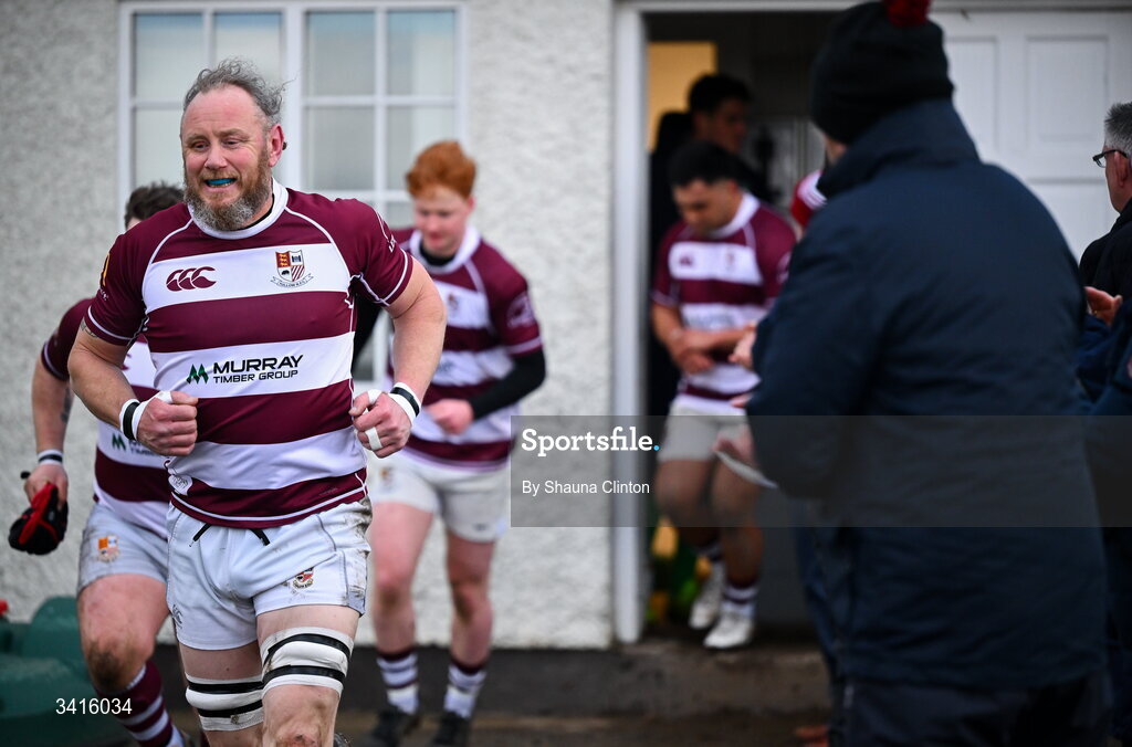 4 April 2026; Tullow RFC players leave the dressing room ahead of the Bank of Ireland Provincial Towns Cup semi-final match between Naas RFC and Tullow RFC at County Carlow RFC in Oakpark, Carlow. Photo by Shauna Clinton/Sportsfile
