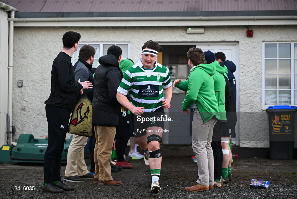 4 April 2026; Naas RFC players leave the dressing room ahead of the Bank of Ireland Provincial Towns Cup semi-final match between Naas RFC and Tullow RFC at County Carlow RFC in Oakpark, Carlow. Photo by Shauna Clinton/Sportsfile
