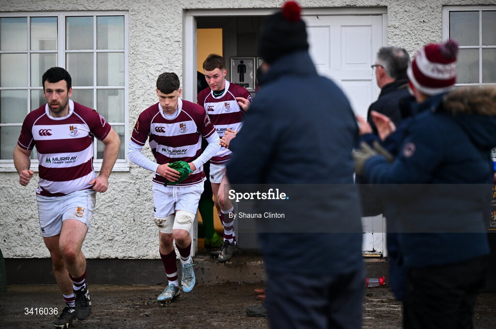 4 April 2026; Tullow RFC players leave the dressing room ahead of the Bank of Ireland Provincial Towns Cup semi-final match between Naas RFC and Tullow RFC at County Carlow RFC in Oakpark, Carlow. Photo by Shauna Clinton/Sportsfile