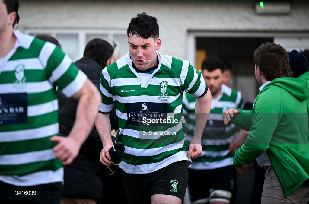 4 April 2026; Naas RFC players leave the dressing room ahead of the Bank of Ireland Provincial Towns Cup semi-final match between Naas RFC and Tullow RFC at County Carlow RFC in Oakpark, Carlow. Photo by Shauna Clinton/Sportsfile