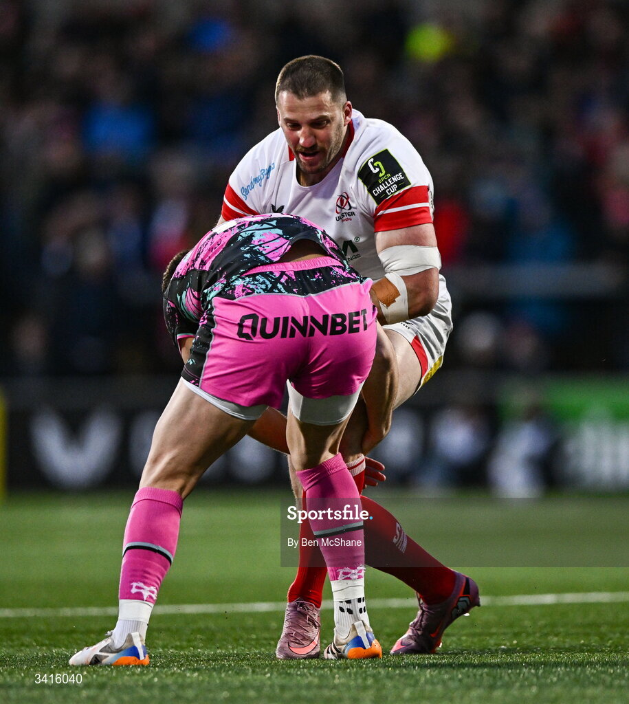 4 April 2026; Stuart McCloskey of Ulster is tackled by Owen Watkin of Ospreys during the EPCR Challenge Cup match between Ulster and Ospreys at Affidea Stadium in Belfast. Photo by Ben McShane/Sportsfile