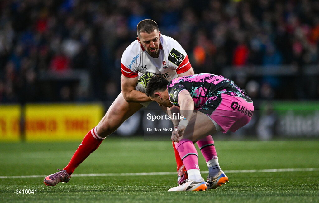 4 April 2026; Stuart McCloskey of Ulster is tackled by Owen Watkin of Ospreys during the EPCR Challenge Cup match between Ulster and Ospreys at Affidea Stadium in Belfast. Photo by Ben McShane/Sportsfile