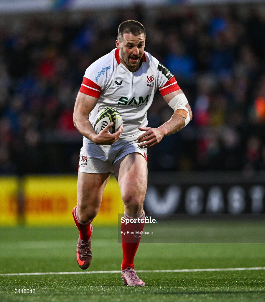 4 April 2026; Stuart McCloskey of Ulster during the EPCR Challenge Cup match between Ulster and Ospreys at Affidea Stadium in Belfast. Photo by Ben McShane/Sportsfile