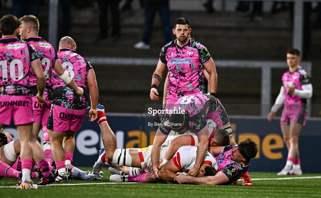 4 April 2026; Cormac Izuchukwu of Ulster scores his side's first try during the EPCR Challenge Cup match between Ulster and Ospreys at Affidea Stadium in Belfast. Photo by Ben McShane/Sportsfile