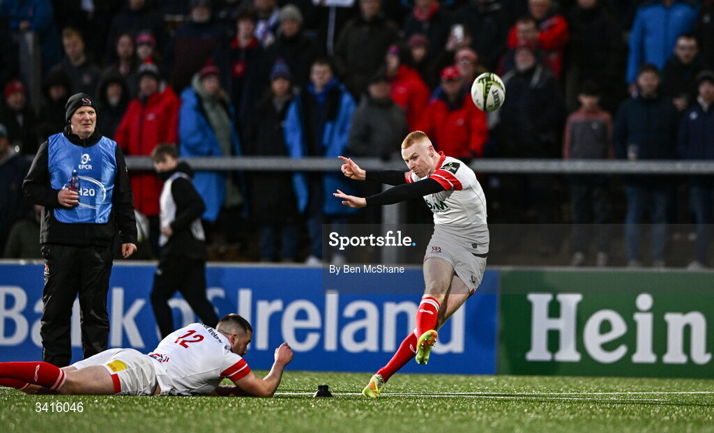 4 April 2026; Nathan Doak of Ulster kicks a conversion, with the assistance of teammate Stuart McCloskey, during the EPCR Challenge Cup match between Ulster and Ospreys at Affidea Stadium in Belfast. Photo by Ben McShane/Sportsfile
