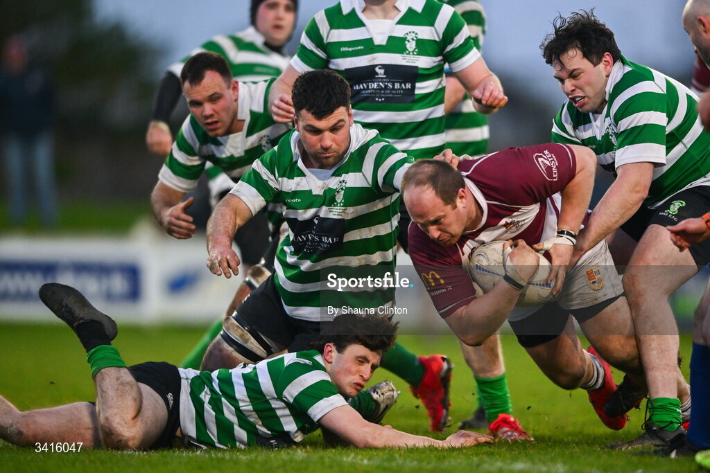 4 April 2026; Scott Caldbeck of Tullow RFC scores his side's second try during the Bank of Ireland Provincial Towns Cup semi-final match between Naas RFC and Tullow RFC at County Carlow RFC in Oakpark, Carlow. Photo by Shauna Clinton/Sportsfile