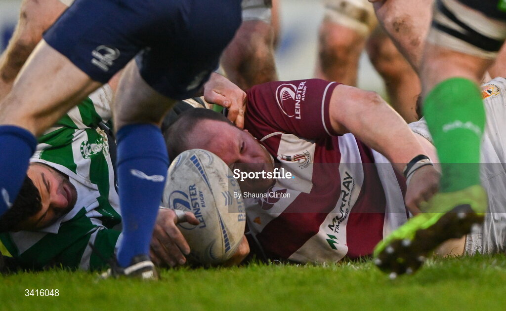 4 April 2026; Scott Caldbeck of Tullow RFC scores his side's second try during the Bank of Ireland Provincial Towns Cup semi-final match between Naas RFC and Tullow RFC at County Carlow RFC in Oakpark, Carlow. Photo by Shauna Clinton/Sportsfile