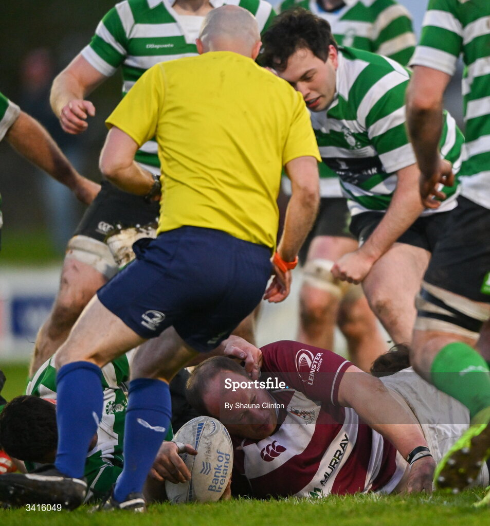 4 April 2026; Scott Caldbeck of Tullow RFC scores his side's second try during the Bank of Ireland Provincial Towns Cup semi-final match between Naas RFC and Tullow RFC at County Carlow RFC in Oakpark, Carlow. Photo by Shauna Clinton/Sportsfile