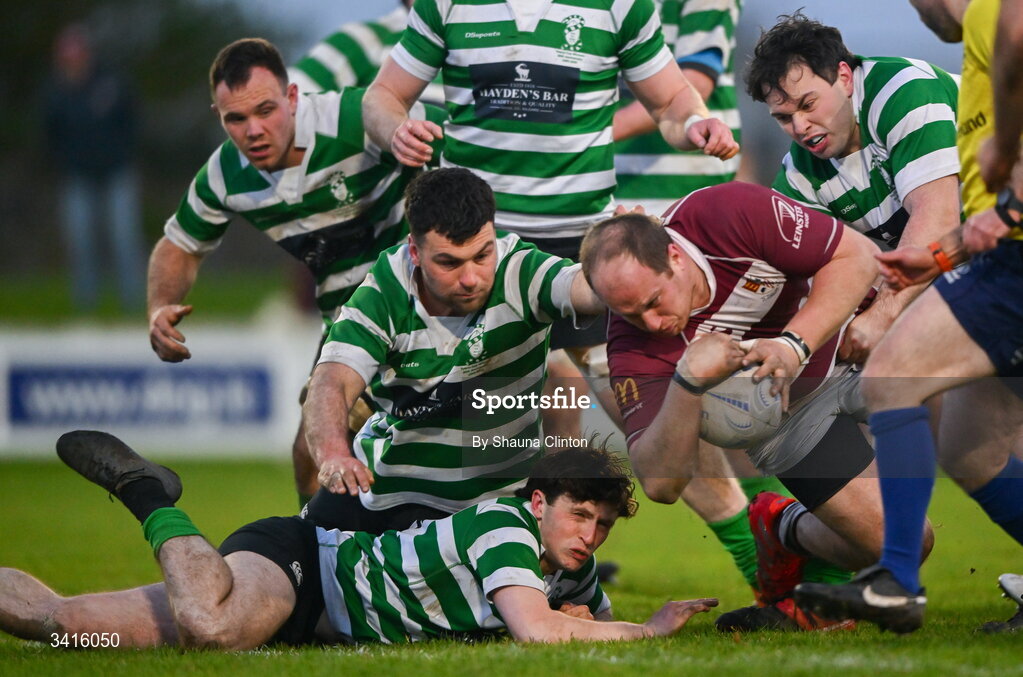 4 April 2026; Scott Caldbeck of Tullow RFC scores his side's second try during the Bank of Ireland Provincial Towns Cup semi-final match between Naas RFC and Tullow RFC at County Carlow RFC in Oakpark, Carlow. Photo by Shauna Clinton/Sportsfile