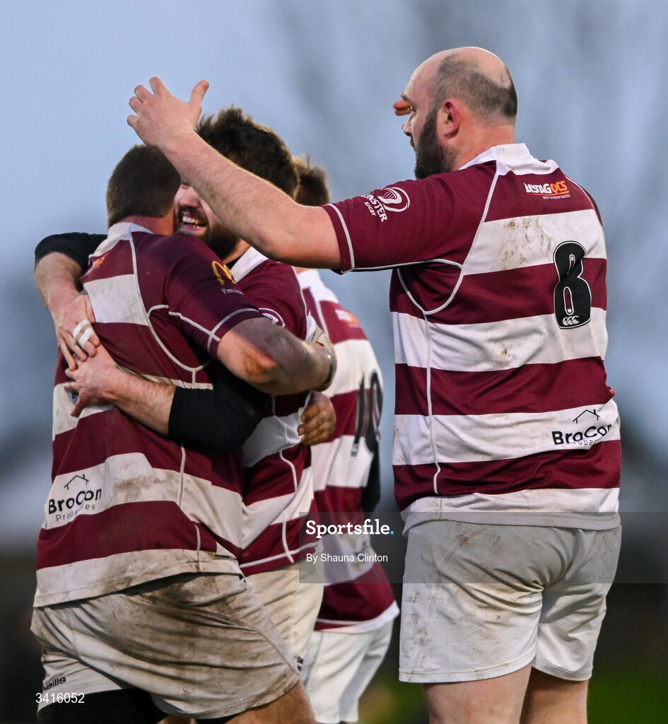 4 April 2026; Scott Caldbeck of Tullow RFC, centre, is congratulated by team-mates after scoring his side's second try during the Bank of Ireland Provincial Towns Cup semi-final match between Naas RFC and Tullow RFC at County Carlow RFC in Oakpark, Carlow. Photo by Shauna Clinton/Sportsfile