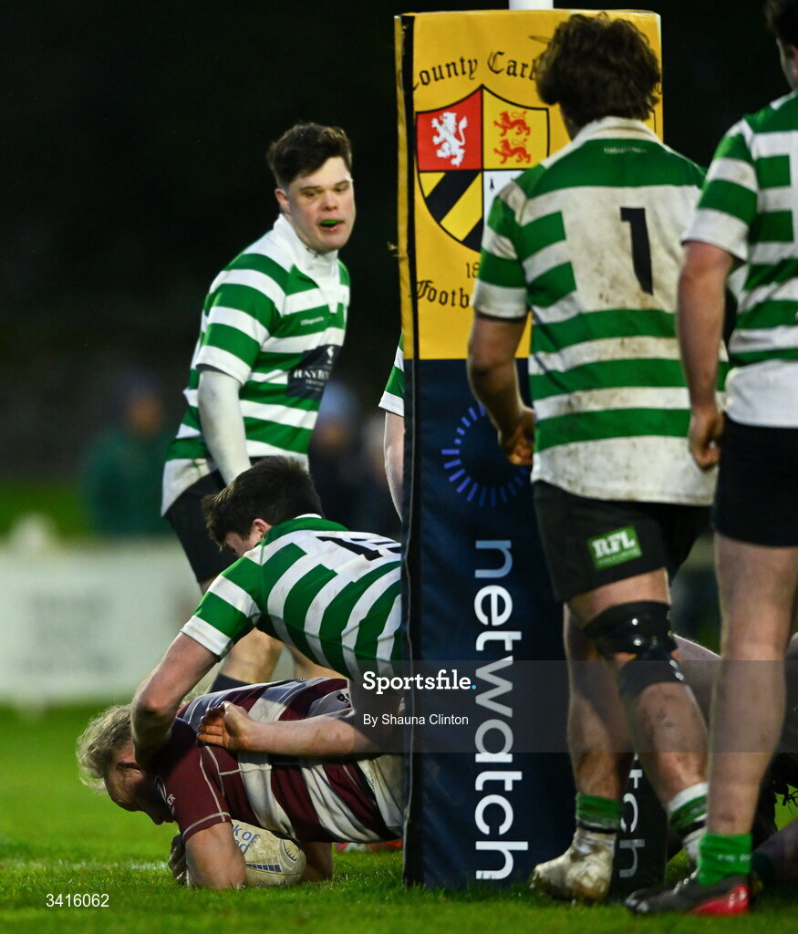 4 April 2026; Martin Cole of Tullow RFC scores his side's third try during the Bank of Ireland Provincial Towns Cup semi-final match between Naas RFC and Tullow RFC at County Carlow RFC in Oakpark, Carlow. Photo by Shauna Clinton/Sportsfile