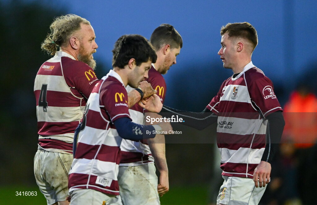 4 April 2026; Martin Cole of Tullow RFC, left, is congratulated by team-mates after scoring his side's third try during the Bank of Ireland Provincial Towns Cup semi-final match between Naas RFC and Tullow RFC at County Carlow RFC in Oakpark, Carlow. Photo by Shauna Clinton/Sportsfile