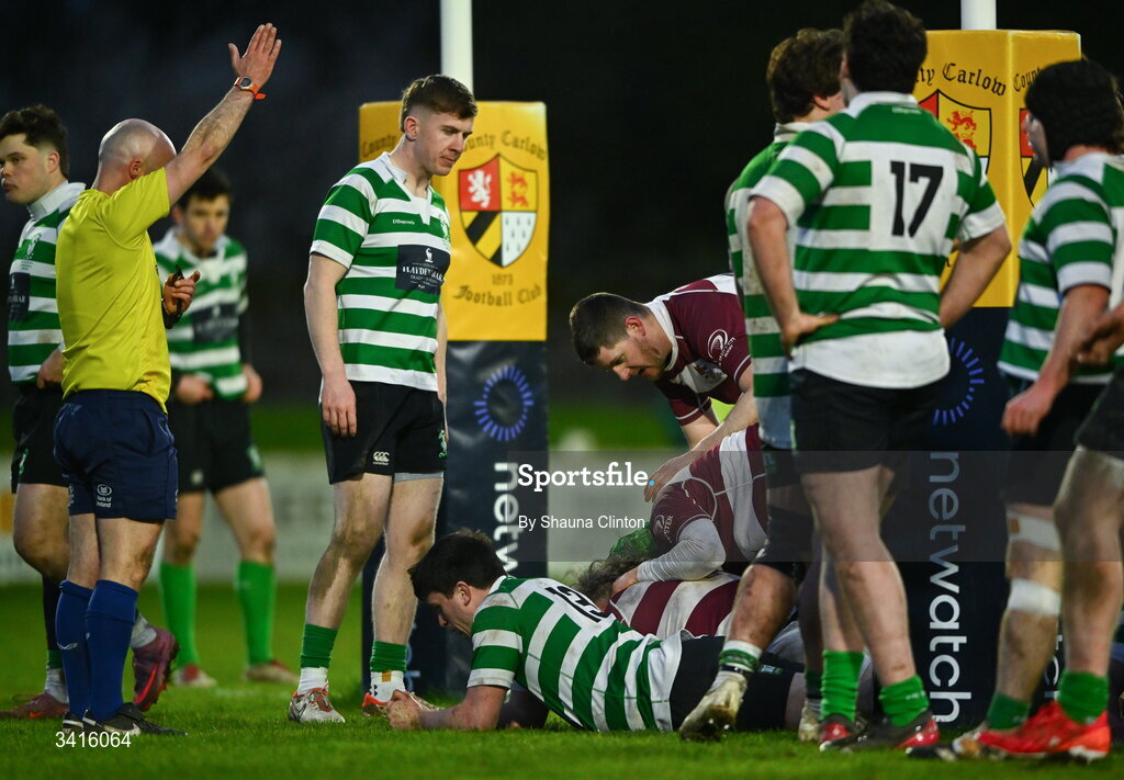 4 April 2026; Martin Cole of Tullow RFC scores his side's third try during the Bank of Ireland Provincial Towns Cup semi-final match between Naas RFC and Tullow RFC at County Carlow RFC in Oakpark, Carlow. Photo by Shauna Clinton/Sportsfile