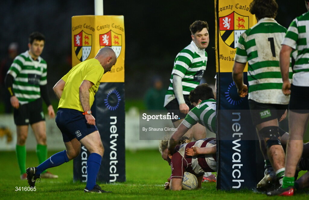 4 April 2026; Martin Cole of Tullow RFC scores his side's third try during the Bank of Ireland Provincial Towns Cup semi-final match between Naas RFC and Tullow RFC at County Carlow RFC in Oakpark, Carlow. Photo by Shauna Clinton/Sportsfile