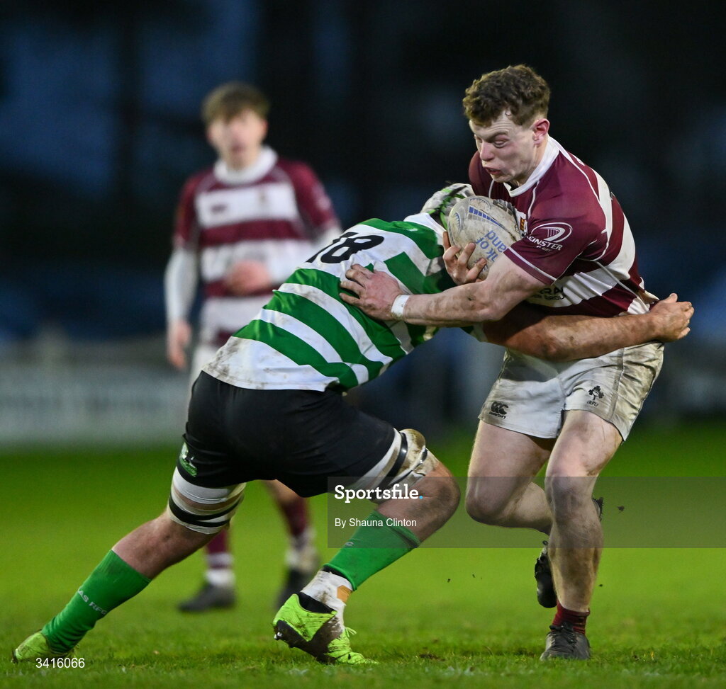 4 April 2026; Jack Hanlon of Tullow RFC is tackled by Jason Cutler of Naas RFC during the Bank of Ireland Provincial Towns Cup semi-final match between Naas RFC and Tullow RFC at County Carlow RFC in Oakpark, Carlow. Photo by Shauna Clinton/Sportsfile