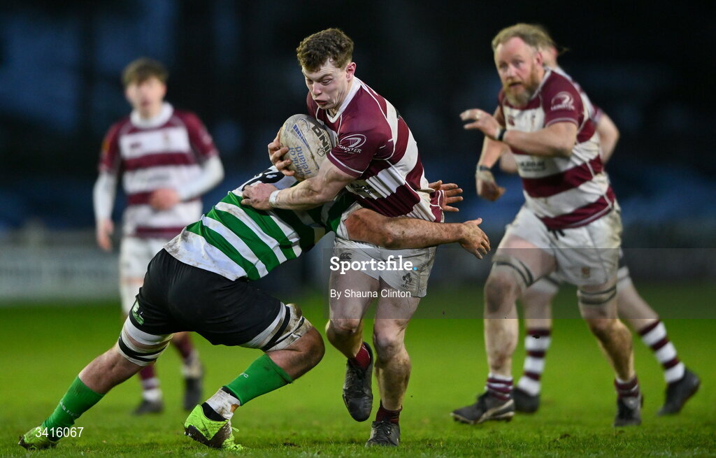 4 April 2026; Jack Hanlon of Tullow RFC is tackled by Jason Cutler of Naas RFC during the Bank of Ireland Provincial Towns Cup semi-final match between Naas RFC and Tullow RFC at County Carlow RFC in Oakpark, Carlow. Photo by Shauna Clinton/Sportsfile