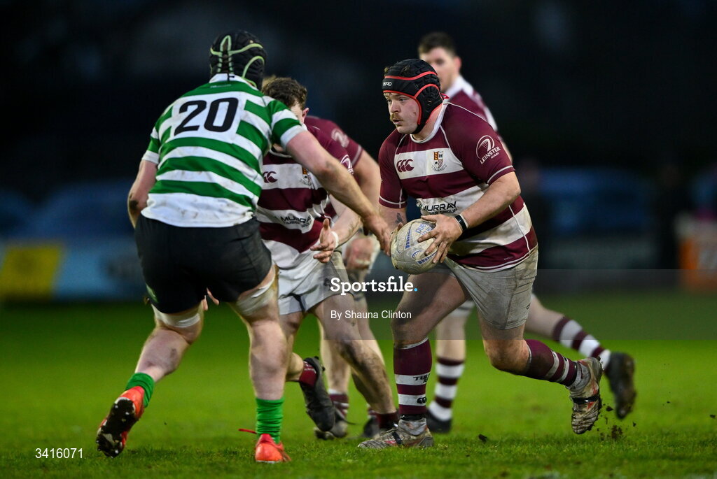 4 April 2026; Action during the Bank of Ireland Provincial Towns Cup semi-final match between Naas RFC and Tullow RFC at County Carlow RFC in Oakpark, Carlow. Photo by Shauna Clinton/Sportsfile
