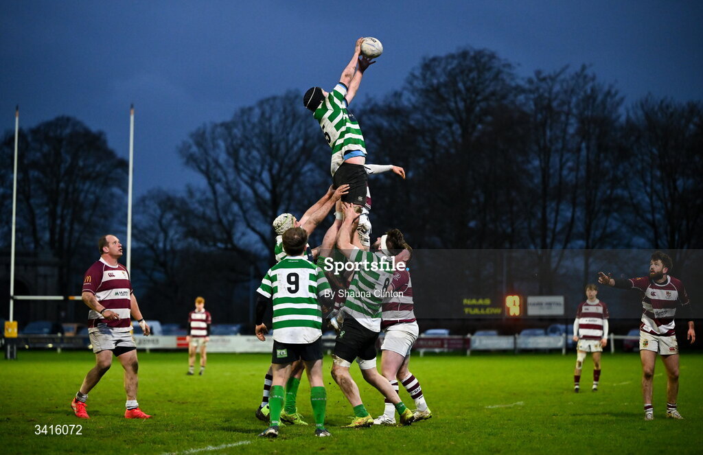 4 April 2026; Action during the Bank of Ireland Provincial Towns Cup semi-final match between Naas RFC and Tullow RFC at County Carlow RFC in Oakpark, Carlow. Photo by Shauna Clinton/Sportsfile
