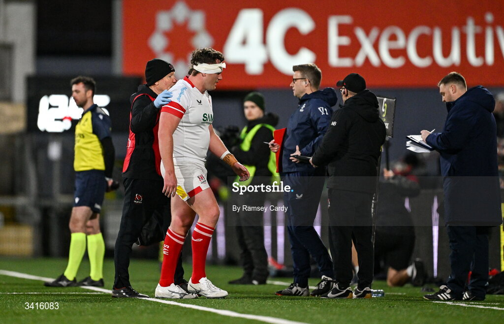 4 April 2026; Angus Bell of Ulster leaves the pitch with an injury during the EPCR Challenge Cup match between Ulster and Ospreys at Affidea Stadium in Belfast. Photo by Ramsey Cardy/Sportsfile