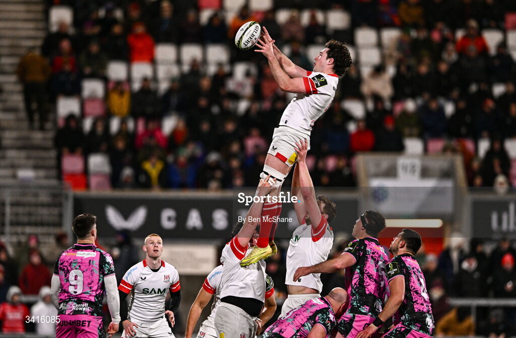 4 April 2026; David McCann of Ulster wins possession in the lineout during the EPCR Challenge Cup match between Ulster and Ospreys at Affidea Stadium in Belfast. Photo by Ben McShane/Sportsfile