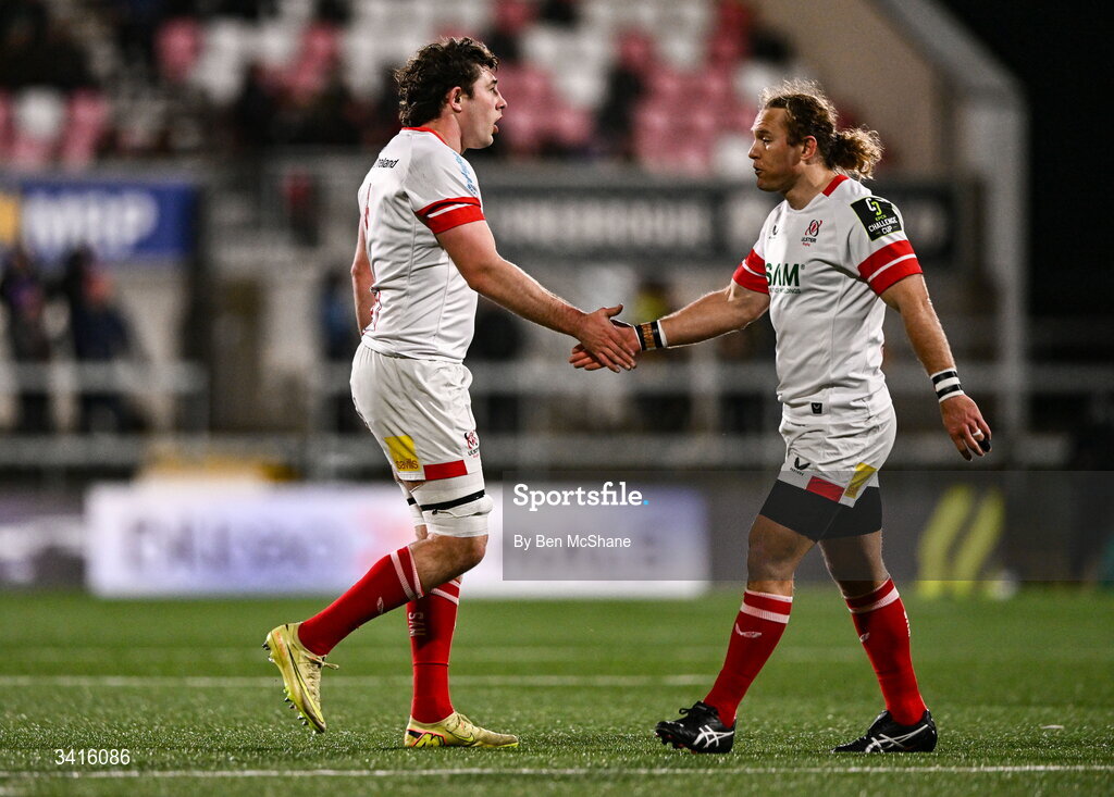 4 April 2026; David McCann, left, and Werner Kok of Ulster celebrate a penalty during the EPCR Challenge Cup match between Ulster and Ospreys at Affidea Stadium in Belfast. Photo by Ben McShane/Sportsfile