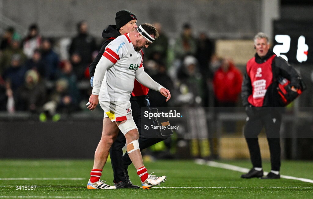 4 April 2026; Rob Herring of Ulster leaves the pitch with an injury during the EPCR Challenge Cup match between Ulster and Ospreys at Affidea Stadium in Belfast. Photo by Ramsey Cardy/Sportsfile