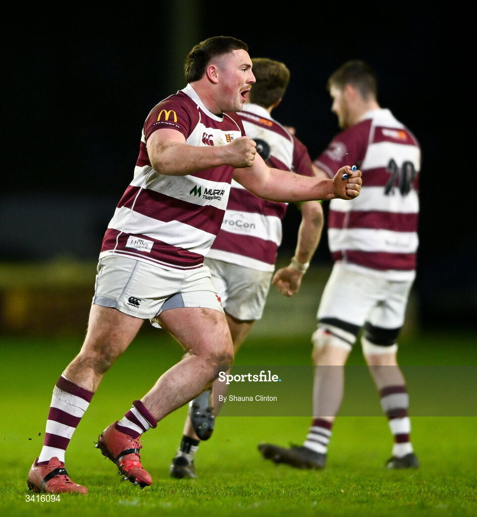 4 April 2026; Tullow RFC players celebrate after their side's victory in the Bank of Ireland Provincial Towns Cup semi-final match between Naas RFC and Tullow RFC at County Carlow RFC in Oakpark, Carlow. Photo by Shauna Clinton/Sportsfile